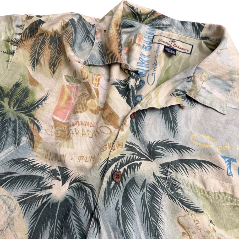 Tommy Bahama Mens Silk Button Down Shirt Medium Tropical Postcard Palm Tree Sage